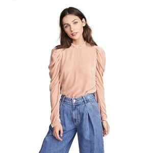 Ulla Johnson Marlene Crushed Velvet Blush Pink Puff Shoulder Silk Blouse 6